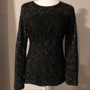 Zara black white fuzzy lace trimmed sweater